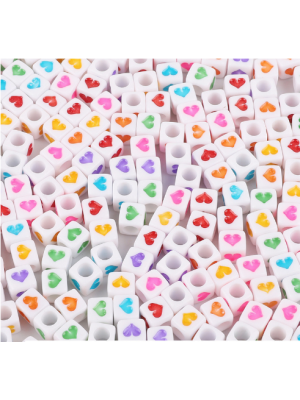 Бусины квадратные, Сердечки цветные на белом фоне, 6мм-100 шт