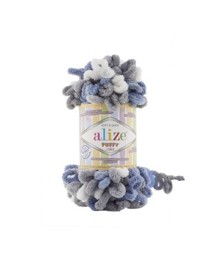 Пряжа Alize Puffy Color,цв-6075-цв-серый-синий-белый  ,100 гр-9 м
