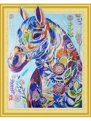 Цветочная лошадь- алмазная картина с фигурными стразами на подрамнике, 40*50 см, 16 цв