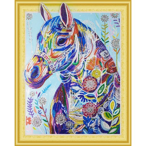 Цветочная лошадь- алмазная картина с фигурными стразами на подрамнике, 40*50 см, 16 цв