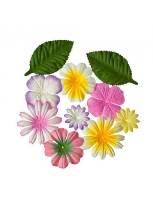 Набор цветочков из шелковичной бумаги с листочками 10 шт,Закат