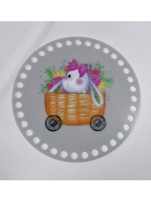 Пластиковое донышко для корзины с рисунком,круглое,"Зайка в тележке" D-10см